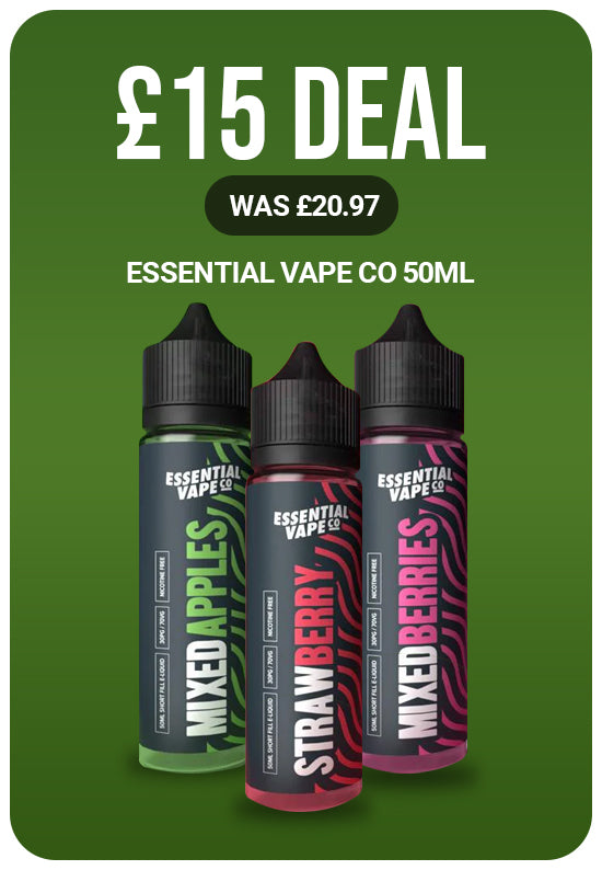 Three bottles of Essential Vape Co e-liquid on a green background with promotional text.
