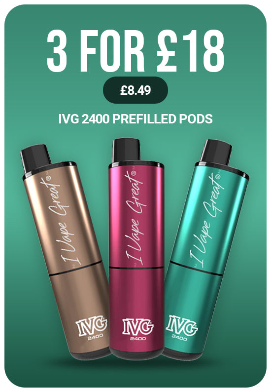 Promotional graphic showing three IVG 2400 prefilled vape pods on a teal-green background with large text reading '3 FOR £18' and '£8.49'.