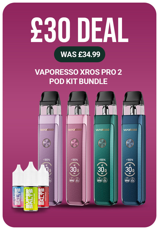 Promotional graphic for a Vaporesso Xros Pro 2 Pod Kit Bundle showing four vape devices in lavender, pink, teal, and blue, along with four small disposable pods, on a magenta background with text reading '£30 DEAL' and 'WAS £34.99'.