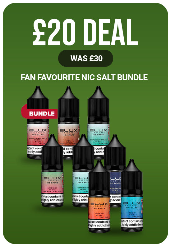 Promotional graphic for a £20 deal on a fan favourite nic salt bundle with ELUX products on a green background.