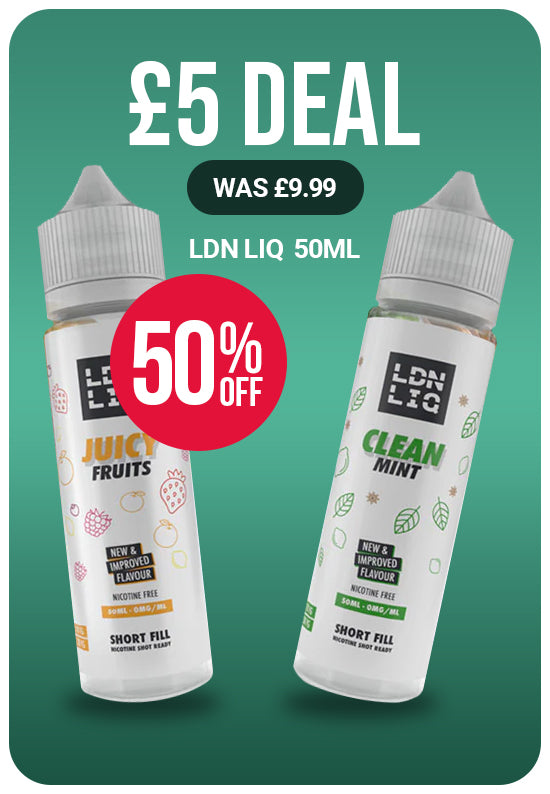 2 bottles of LDN LIQ vape liquid on a green background