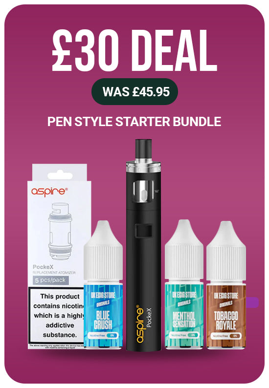 Vape pen style starter bundle with Aspire products on a pink background