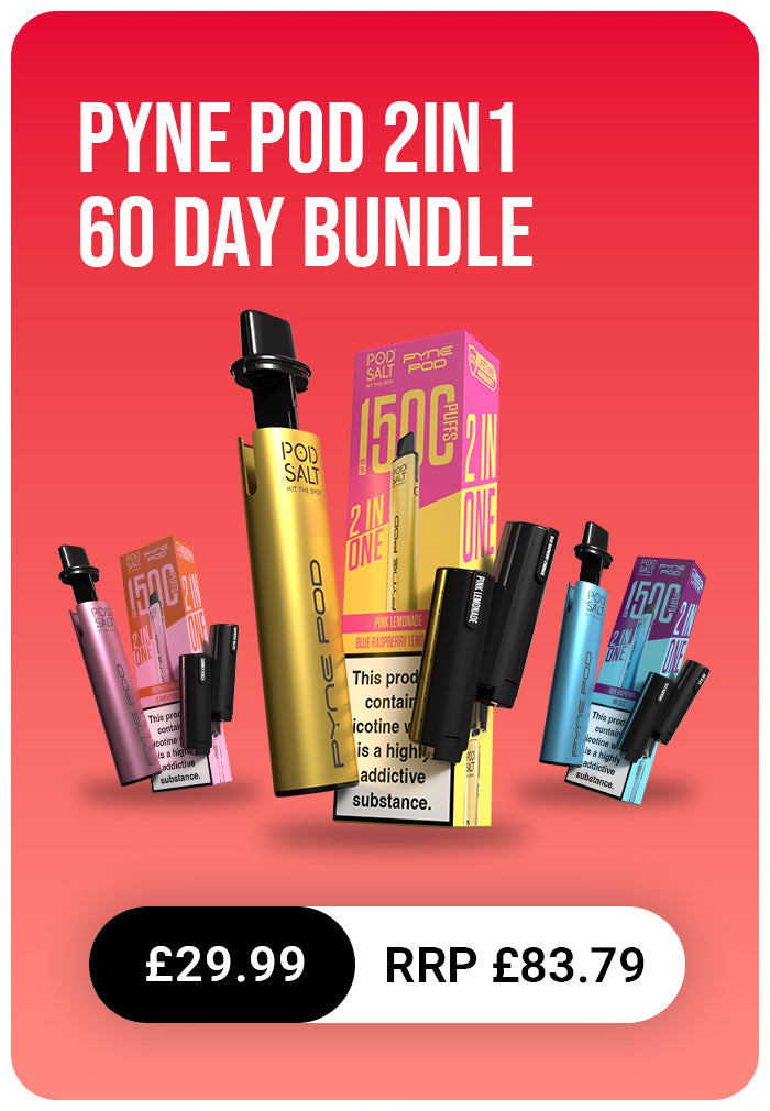 Promotional graphic for PYNE POD 2IN1 60 Day Bundle on a red background