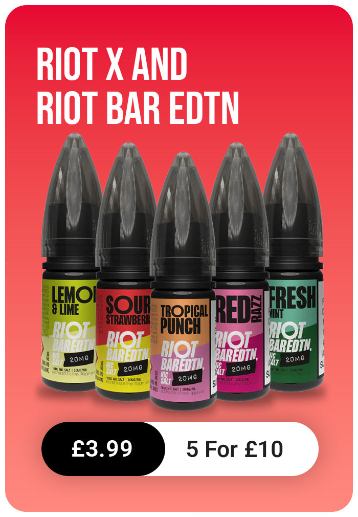 Promotional image of Riot X and Riot Bar Editn e-liquid bottles with a red background.