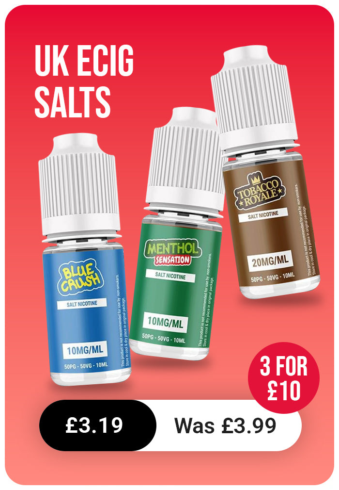 Three e-liquid bottles with labels on a red background, advertising UK e cig salts.