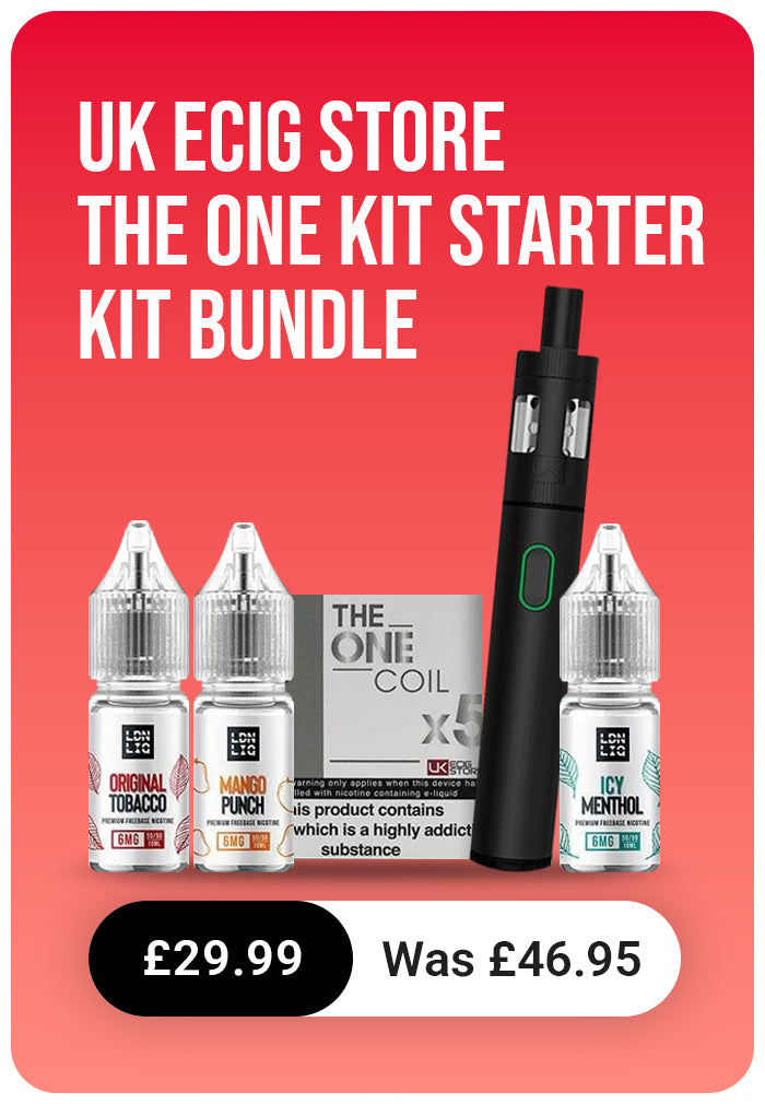E-cigarette starter kit bundle with packaging on a red background