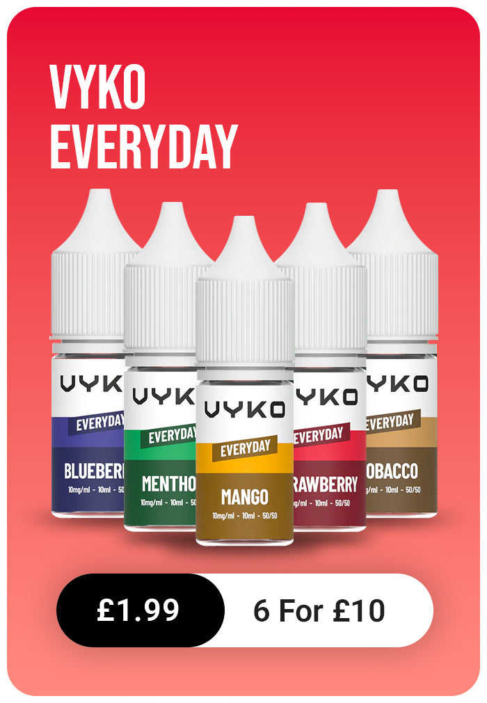 VYKO Everyday e-liquid bottles on a red background with pricing and promotional text.