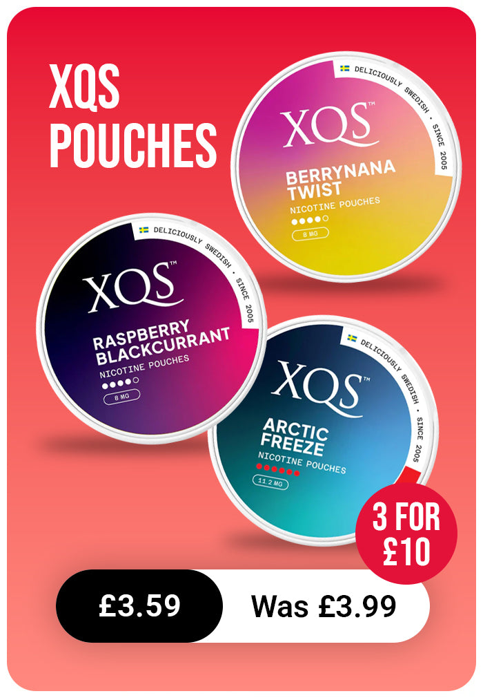XQS pouches with different flavours on a red background