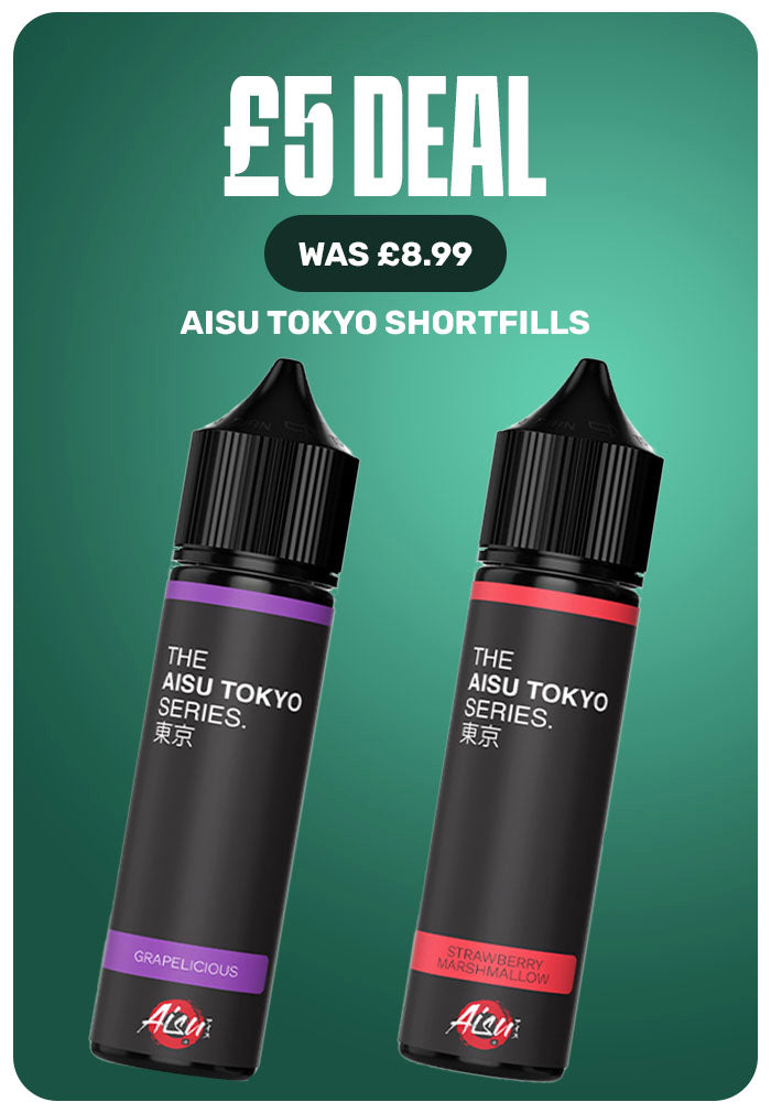 Promotional graphic for Aisu Tokyo Shortfills showing two black e-liquid bottles on a green gradient background with sale text reading £5 DEAL and WAS £8.99.