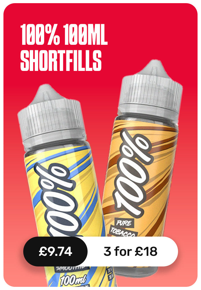 Two 100ml e-liquid bottles labeled '100% Pure Tobacco' and 'Smoothie' on a red promotional background with text reading '100% 100ML SHORTFILLS' and pricing '3 for £18'.