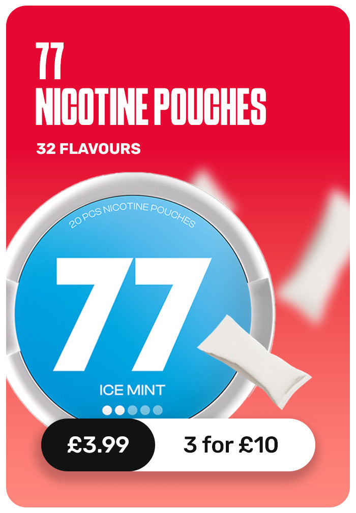 A promotional graphic for 77 Nicotine Pouches Ice Mint, showing a blue circular pack design with a white nicotine pouch icon, a red background, and pricing text for 3 for £10.