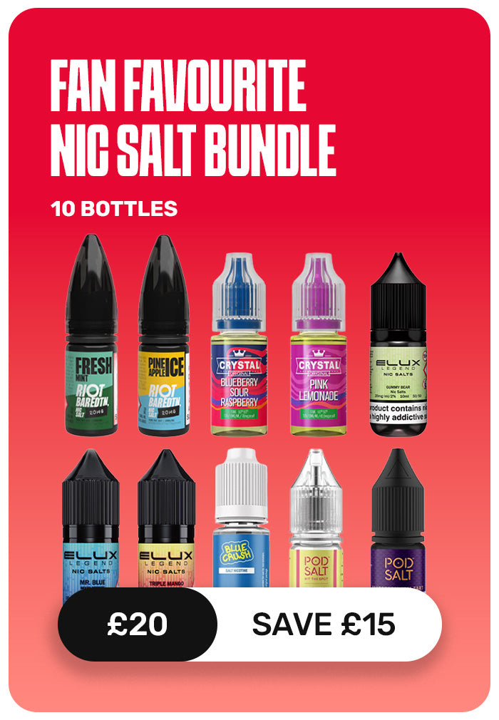 Promotional graphic for a 'Fan Favourite Nic Salt Bundle' featuring ten different e-liquid bottles from brands like Riot, UK Ecig Store, Crystal, Elux, and Pod Salt, with pricing information at the bottom on a red background.