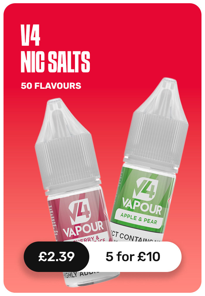 Promotional graphic for V4 Nic Salts showing two small e-liquid bottles on a red gradient background. The bottles are labeled V4 Vapour, with one in raspberry ice and one in apple & pear.