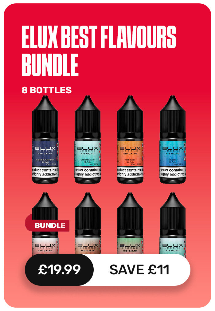 Promotional graphic for the ELUX Best Flavors Bundle, featuring eight small e-liquid bottles arranged in two rows on a bright red background with white text and price/save callouts.