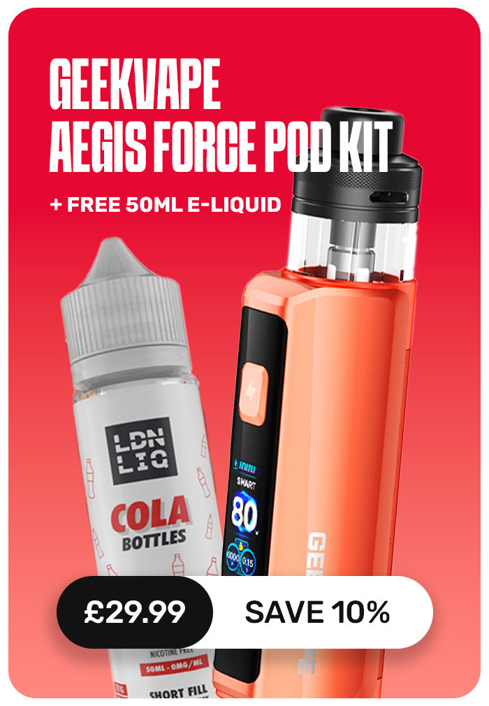 Geekuvape Aegis Force Pod Kit promotional graphic featuring an orange and black vape device alongside a bottle of LDN LIG Cola Bottles e-liquid, with text offering a free 50ml e-liquid and a £29.99 save 10% offer on a red background.