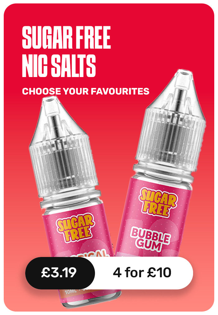 Promotional graphic for sugar-free nic salts e-liquid bottles, featuring two pink-labeled bottles with clear caps on a red background. Text reads 'SUGAR FREE NIC SALTS', 'CHOOSE YOUR FAVOURITES', and pricing '£3.