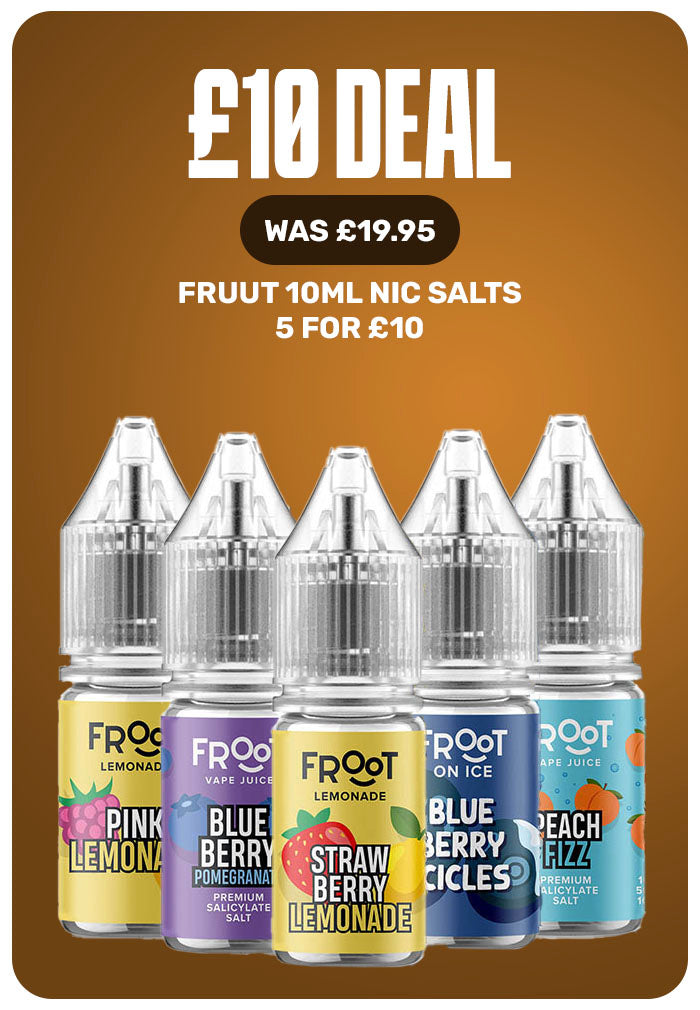 Promotional graphic for Fruut 10ml Nic Salts showing five e-liquid bottles in a row against a brown gradient background with sale text reading '£10 DEAL', 'WAS £19.95', and 'FRUUT 10ML NIC SALTS 5 FOR £10'.
