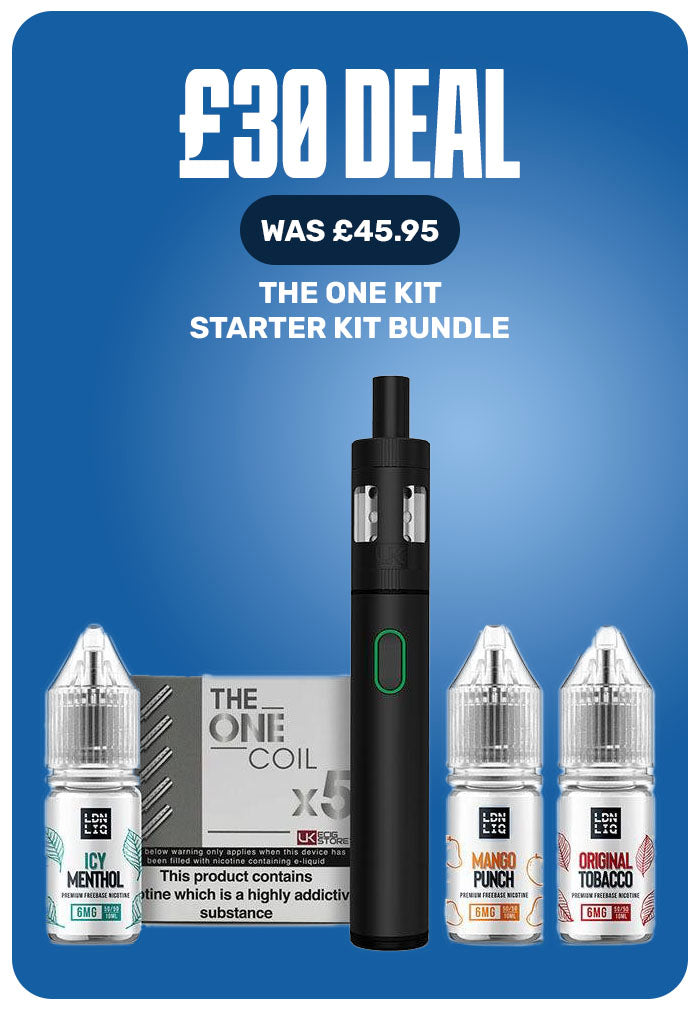 Promotional graphic for The One Kit Starter Bundle on a blue gradient background. The image features a black vape device in the center, flanked by three e-liquid bottles (Menthol, Mango Punch, and Tobacco) and the product box.