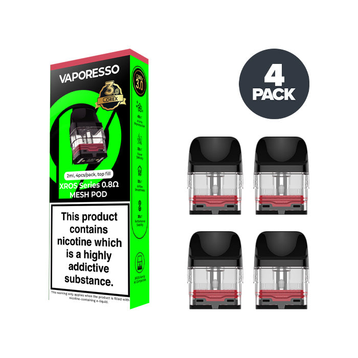 Four Vaporesso Xros Corex 3.0 0.8Ω Pods with a Box