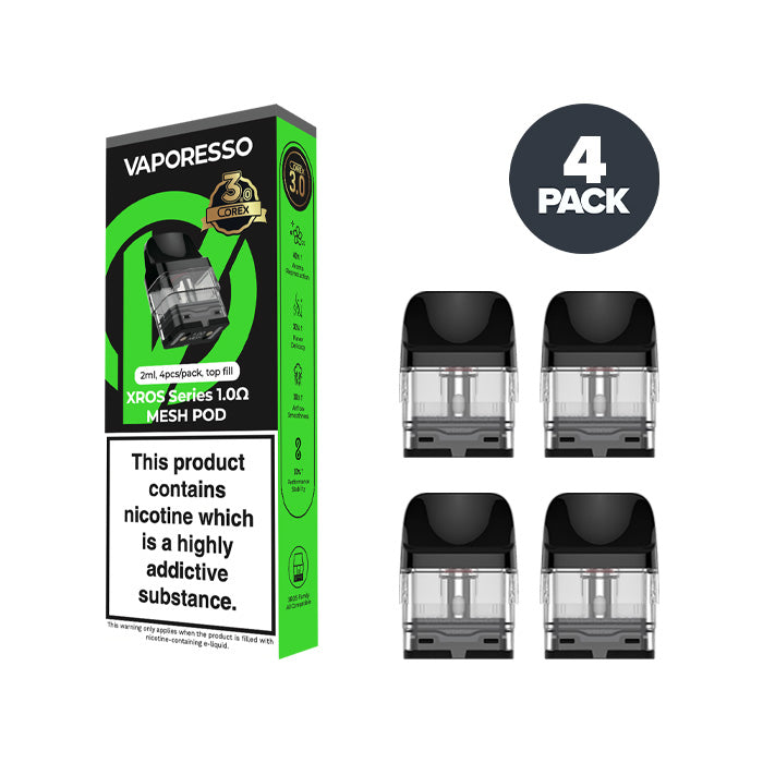 Four Vaporesso Xros Corex 3.0 1.0Ω Pods with a Box