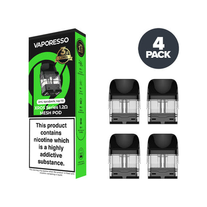Four Vaporesso Xros Corex 3.0 1.2Ω Pods with a Box