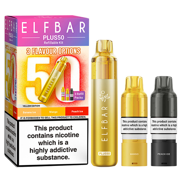 Yellow Edition Elf Bar Plus 50 Prefilled Pod Kit and Box
