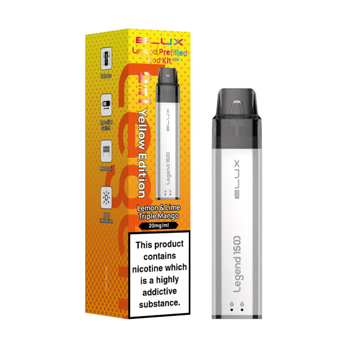 Yellow Edition Elux Legend 1500 2 in 1 Prefilled Pod Vape Kit and Box