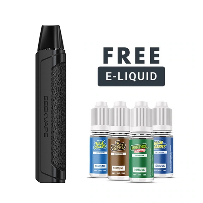 Black Geekvape Aegis One Pod kit and 3 e liquids