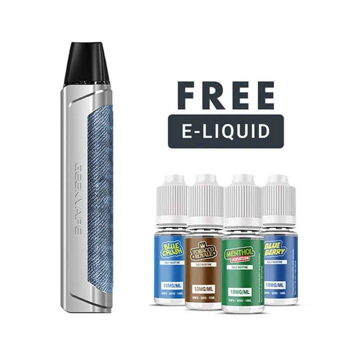 Blue and Silver Geekvape Aegis One Pod kit and 3 e liquids